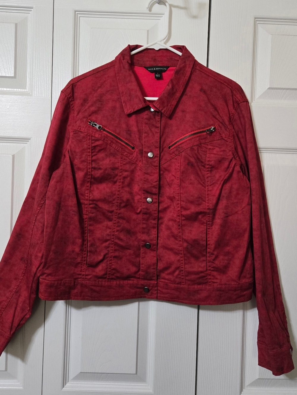 Red w/Black Tie Dye Denim Jean Jacket w/Pockets, Size Large, Like New